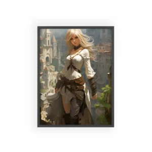 Blonde Woman Overlooking a Town Framed Poster