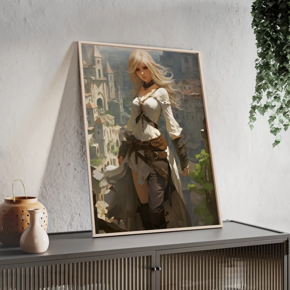 Anime Bird's Eye View Portrait: Blonde Beauty in Motion - Framed Poster