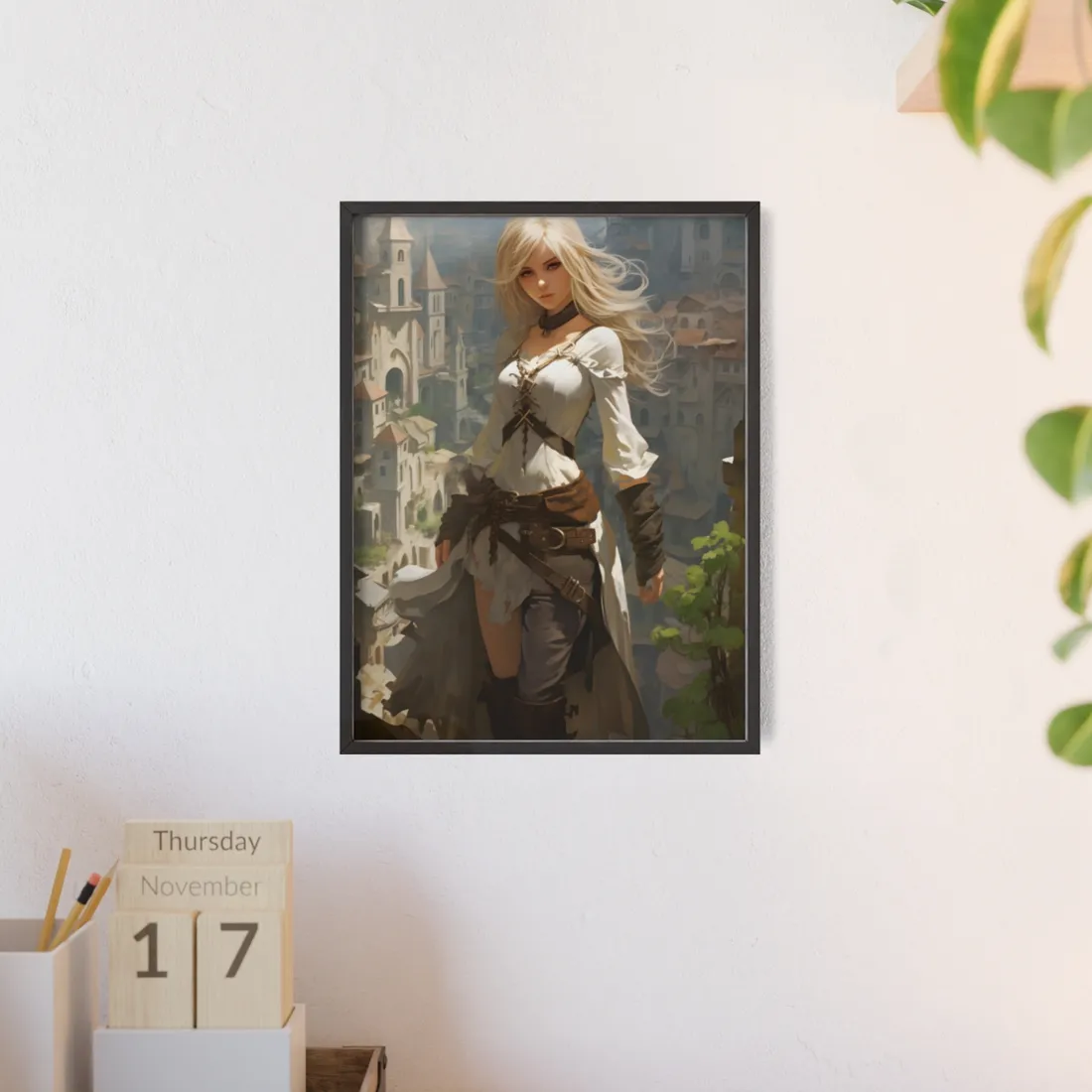 Anime Bird's Eye View Portrait: Blonde Beauty in Motion - Framed Poster