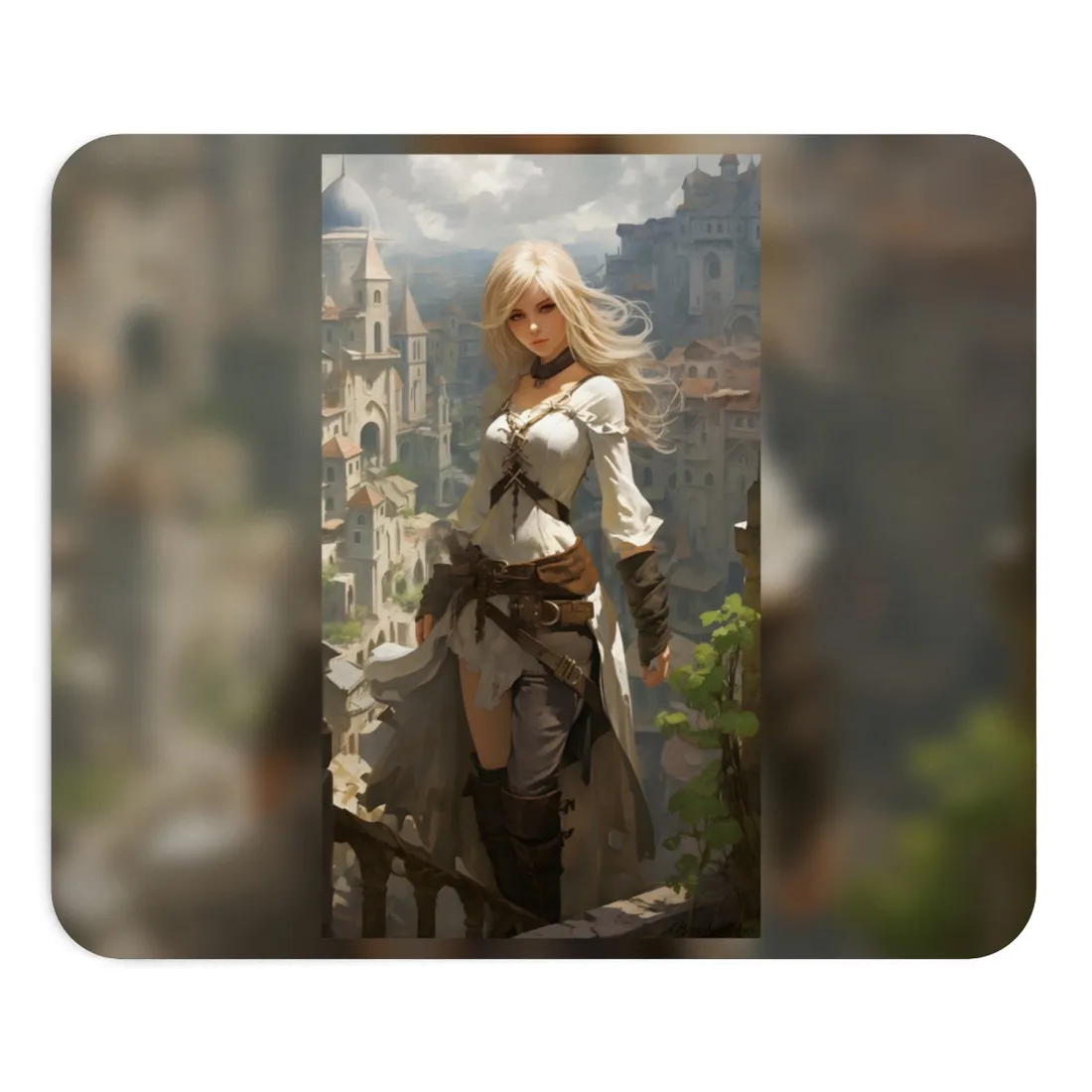 Anime Bird's Eye View Portrait: Blonde Beauty in Motion - Mouse Pad