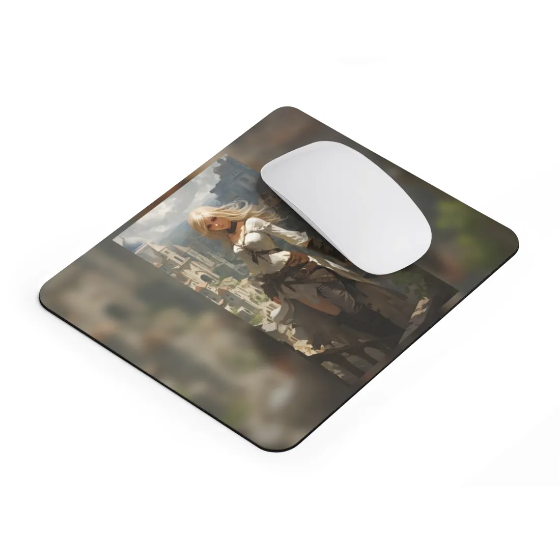 Anime Bird's Eye View Portrait: Blonde Beauty in Motion - Mouse Pad
