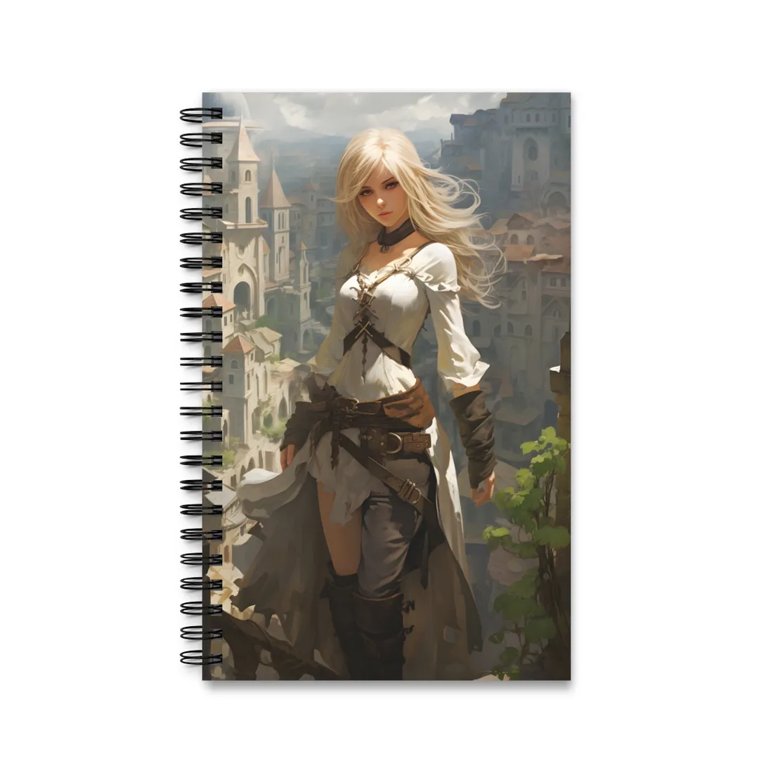 Anime Bird's Eye View Portrait: Blonde Beauty in Motion - Spiral Notebook