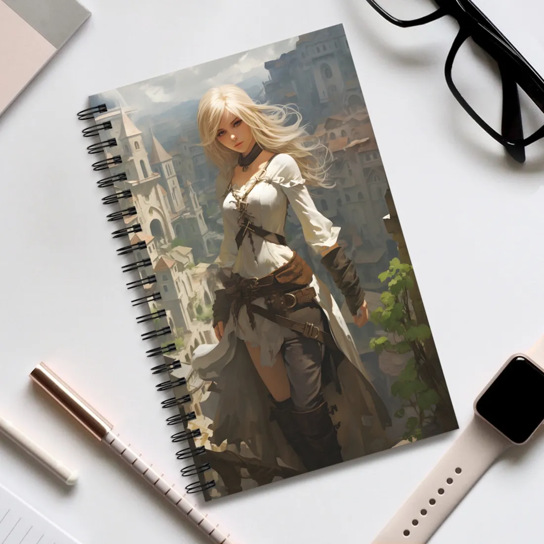 Anime Bird's Eye View Portrait: Blonde Beauty in Motion - Spiral Notebook