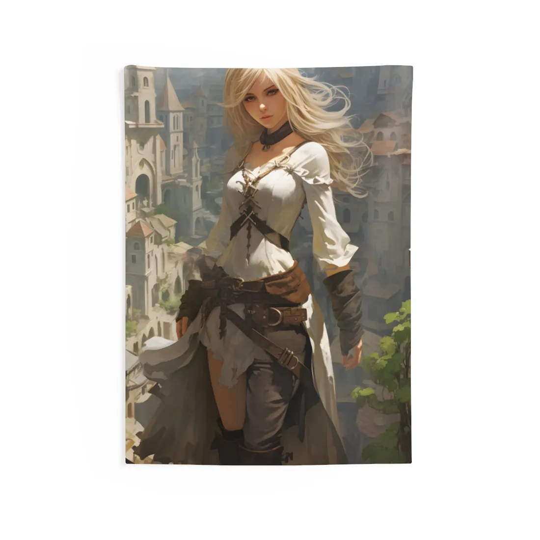Anime Bird's Eye View Portrait: Blonde Beauty in Motion - Wall Tapestry