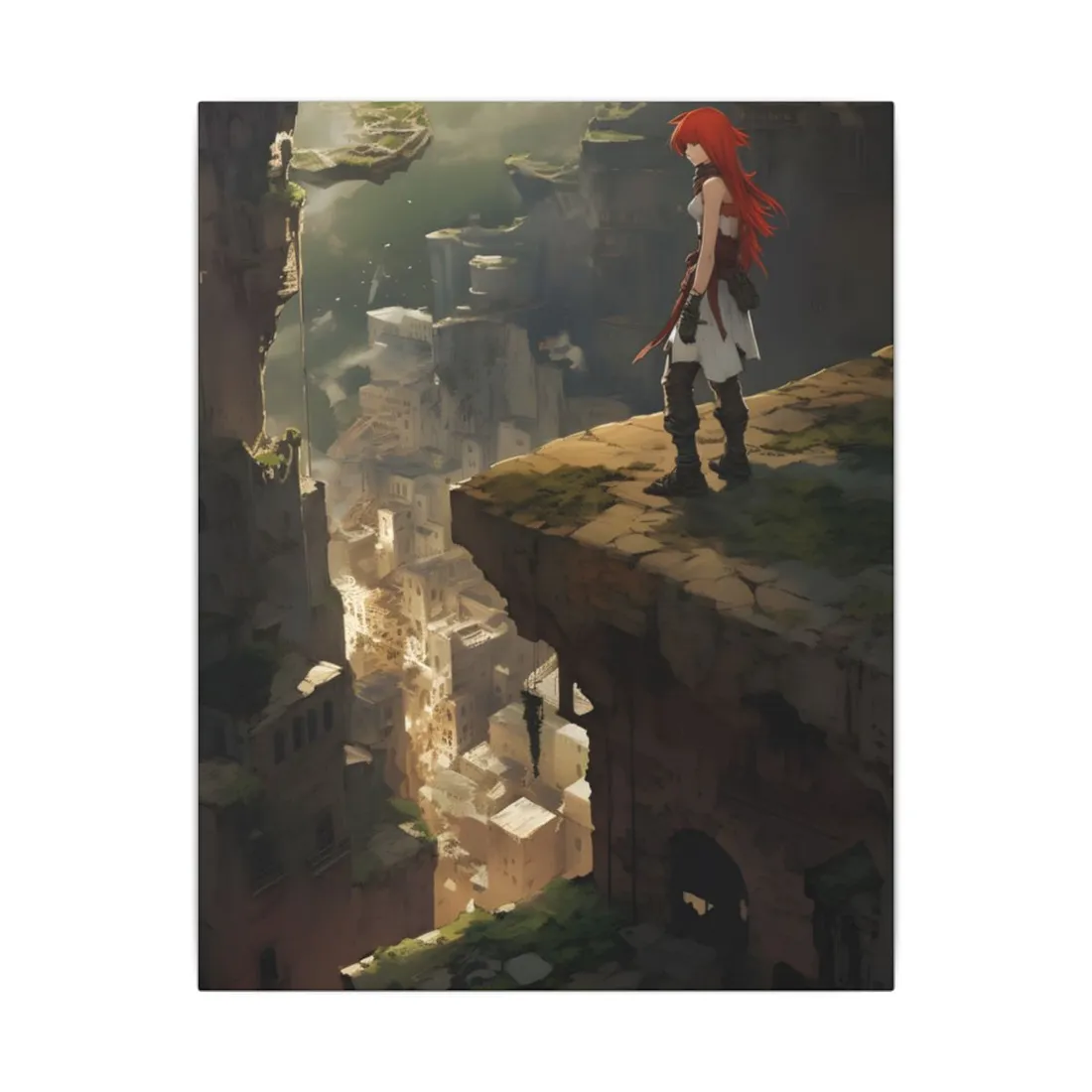 Anime Birds Eye View: Red Haired Female in Action Fantasy Scene - Canvas