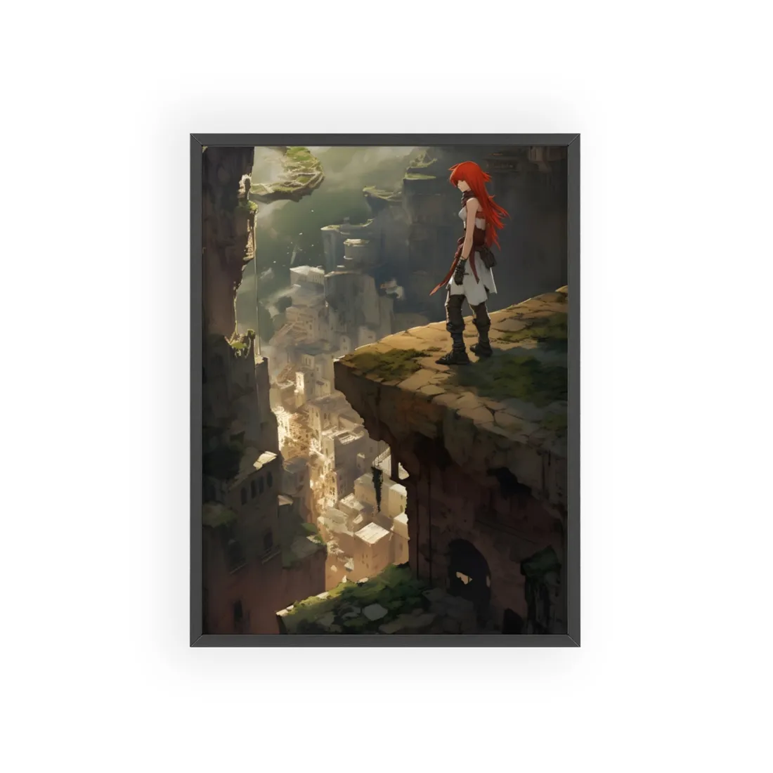 Anime Birds Eye View: Red Haired Female in Action Fantasy Scene - Framed Poster
