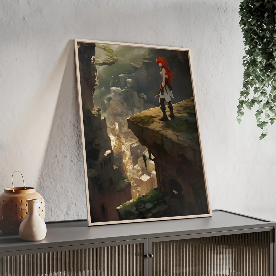 Anime Birds Eye View: Red Haired Female in Action Fantasy Scene - Framed Poster