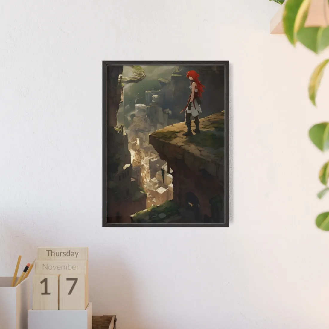 Anime Birds Eye View: Red Haired Female in Action Fantasy Scene - Framed Poster