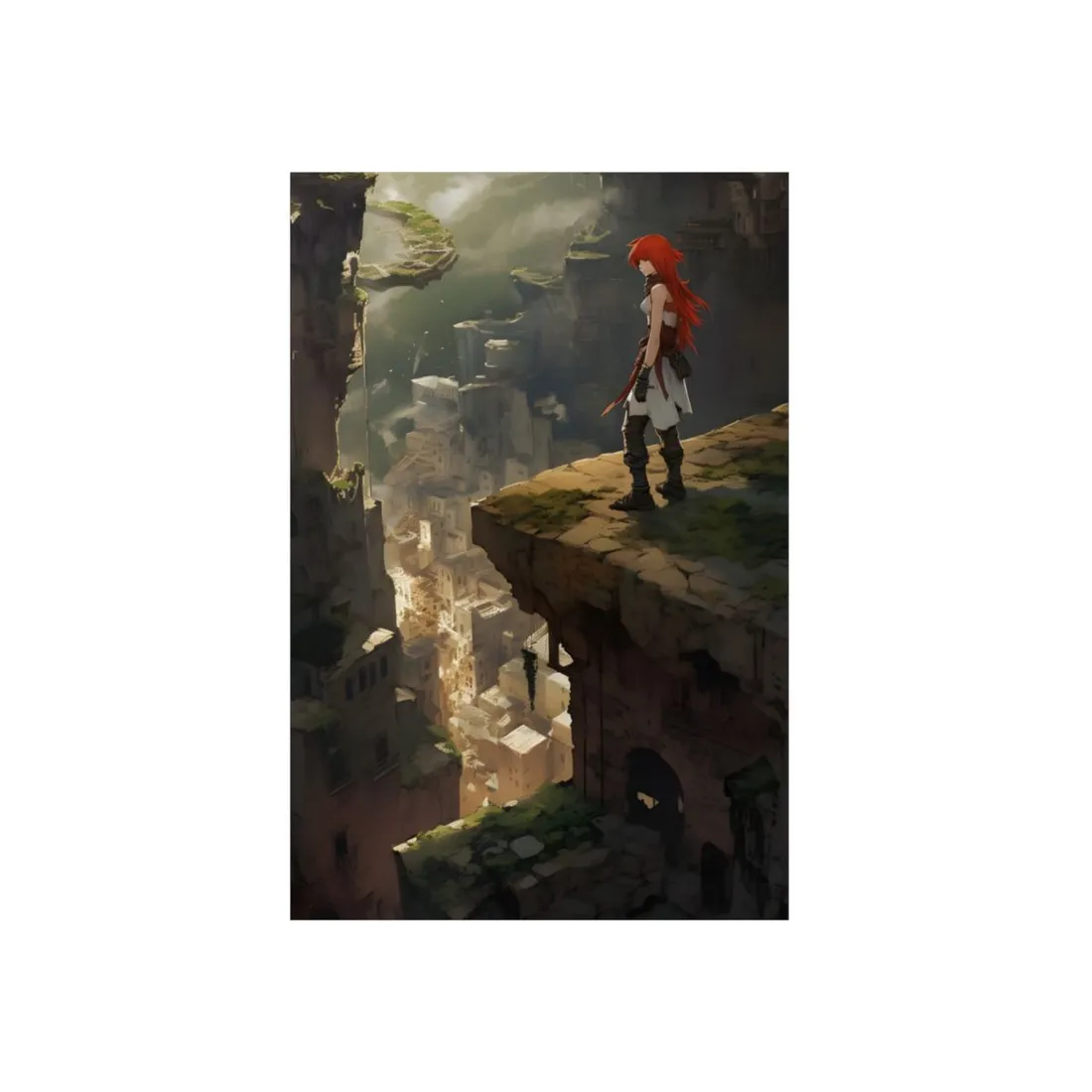 Anime Birds Eye View: Red Haired Female in Action Fantasy Scene - Metal Poster