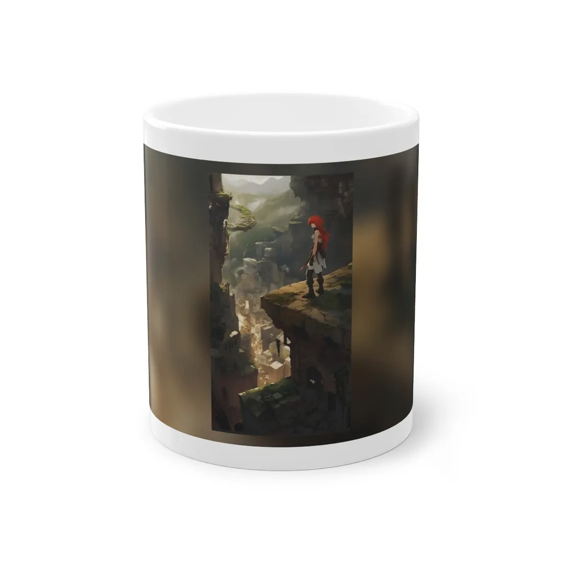 Anime Birds Eye View: Red Haired Female in Action Fantasy Scene - Mug