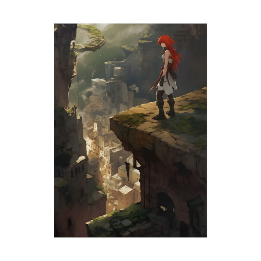 Anime Birds Eye View: Red Haired Female in Action Fantasy Scene - Poster