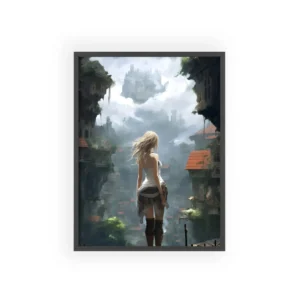 Woman Overlooking Cliffside City Framed Poster