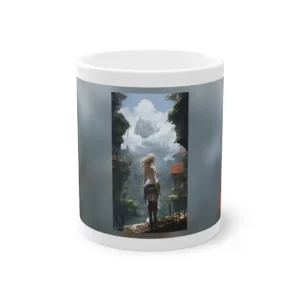 Woman Overlooking Cliffside City Mug
