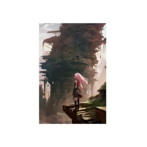 Anime Character at Fantasy Cliff Edge: Detailed Digital Art Metal Poster