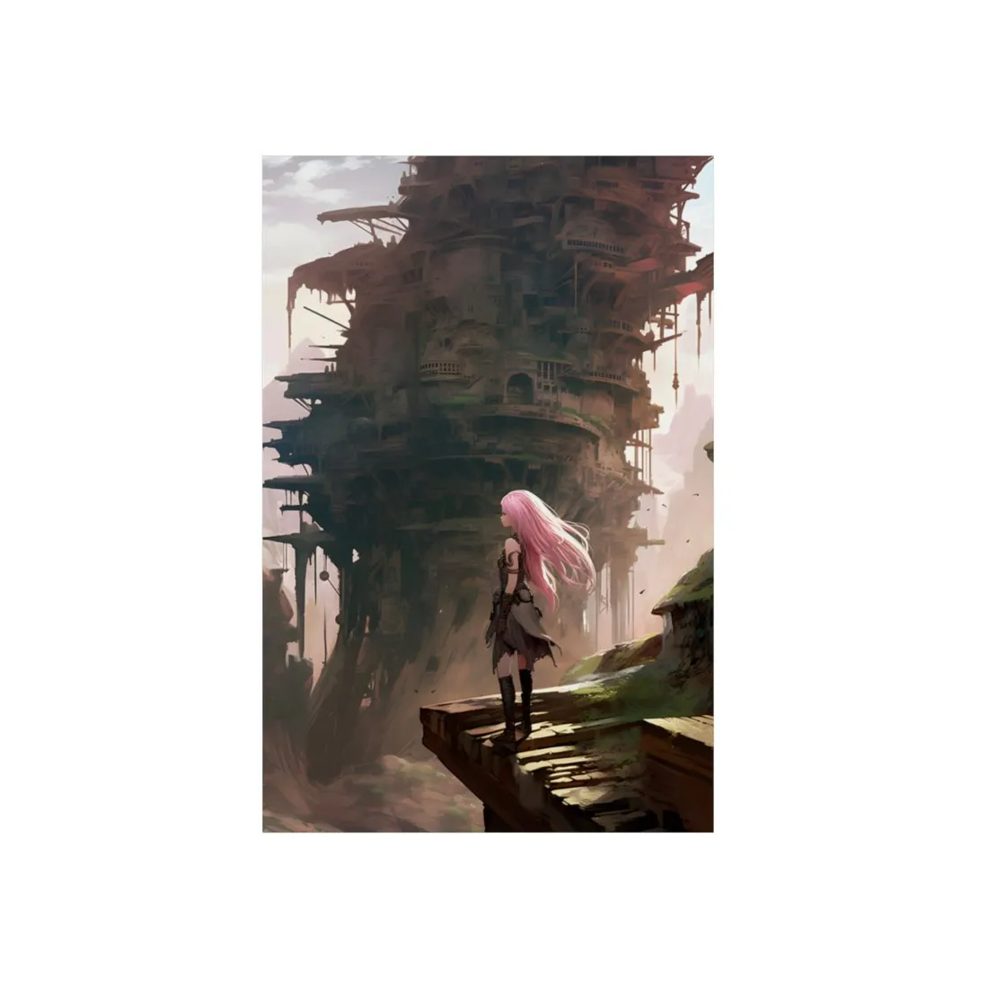 Anime Character at Fantasy Cliff Edge: Detailed Digital Art - Metal Poster