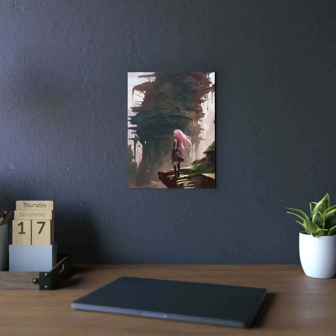 Anime Character at Fantasy Cliff Edge: Detailed Digital Art - Metal Poster