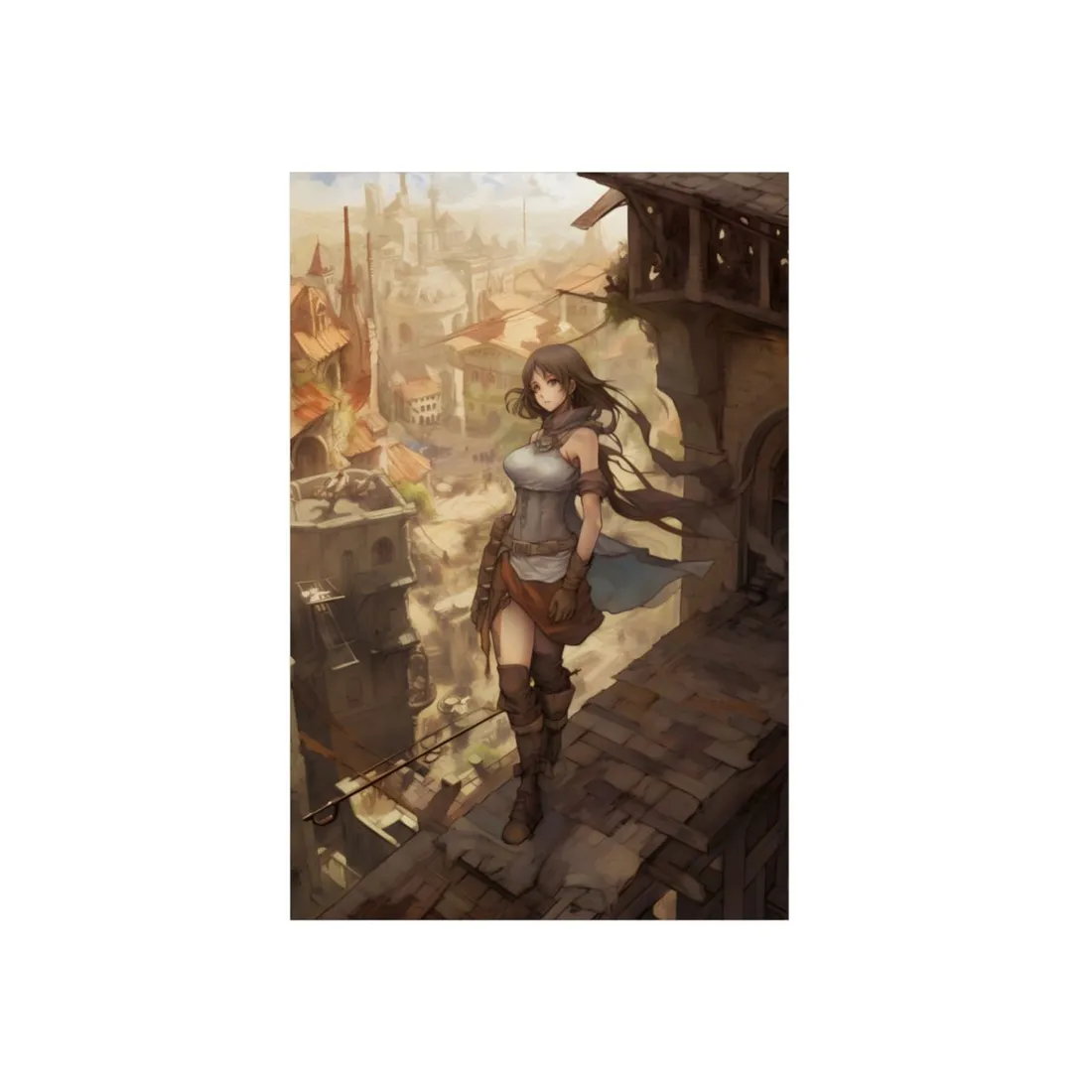 Anime Explorer Overlooking Ruined City: Fantasy Digital Art - Metal Poster