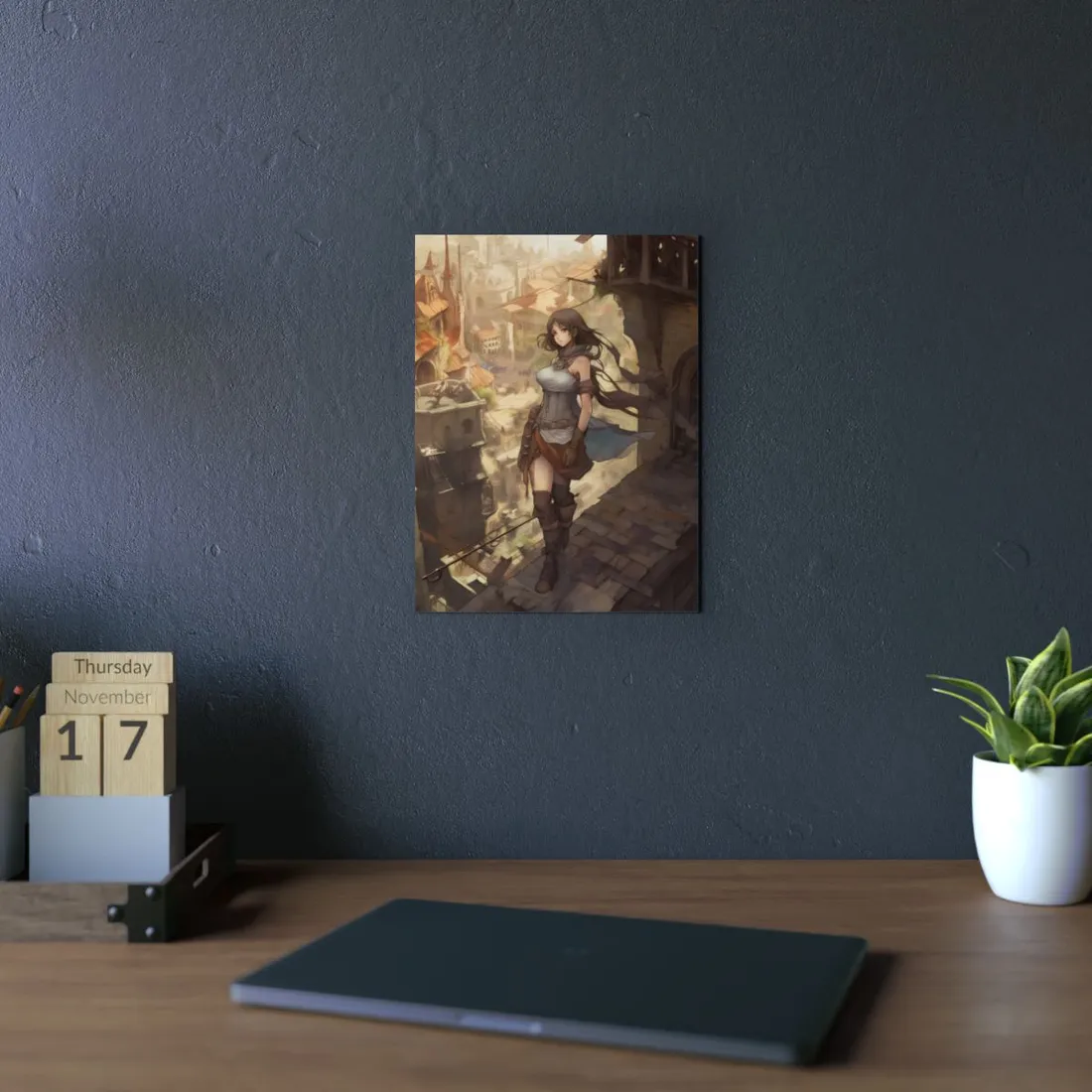 Anime Explorer Overlooking Ruined City: Fantasy Digital Art - Metal Poster