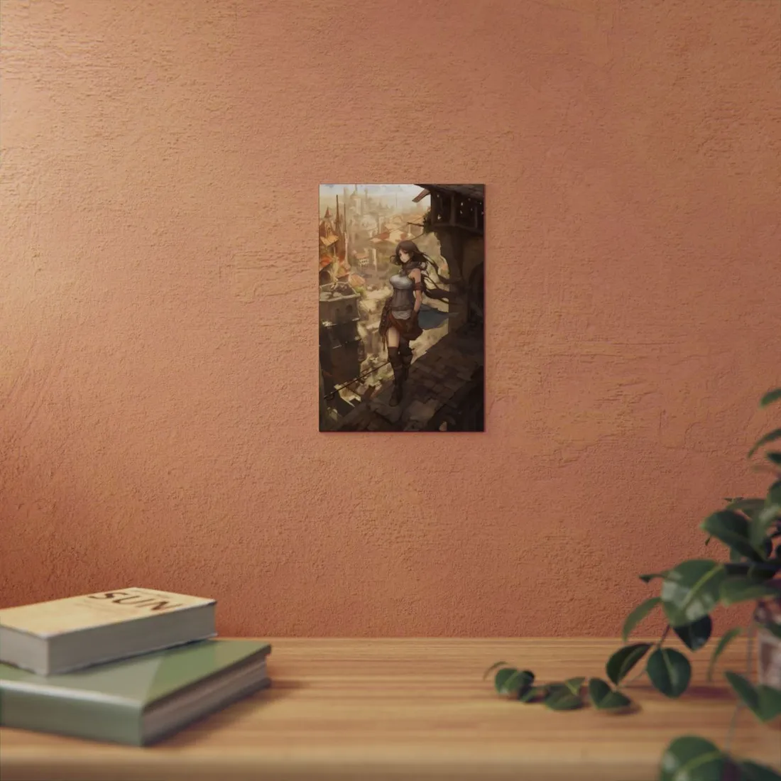 Anime Explorer Overlooking Ruined City: Fantasy Digital Art - Metal Poster