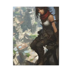 Anime Warrior Girl Perched Above Ancient City Ruins Canvas Print