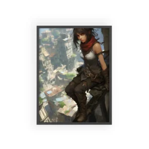 Anime Warrior Girl Perched Above Ancient City Ruins Framed Poster