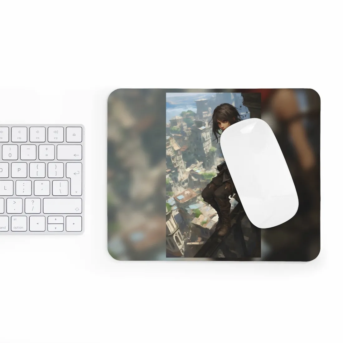 Anime Fantasy Bird's Eye View: White Feathers Digital Art - Mouse Pad
