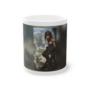 Woman Sitting on Rooftop Ledge Mug