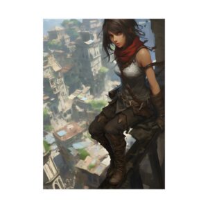 Anime Warrior Girl Perched Above Ancient City Ruins Poster