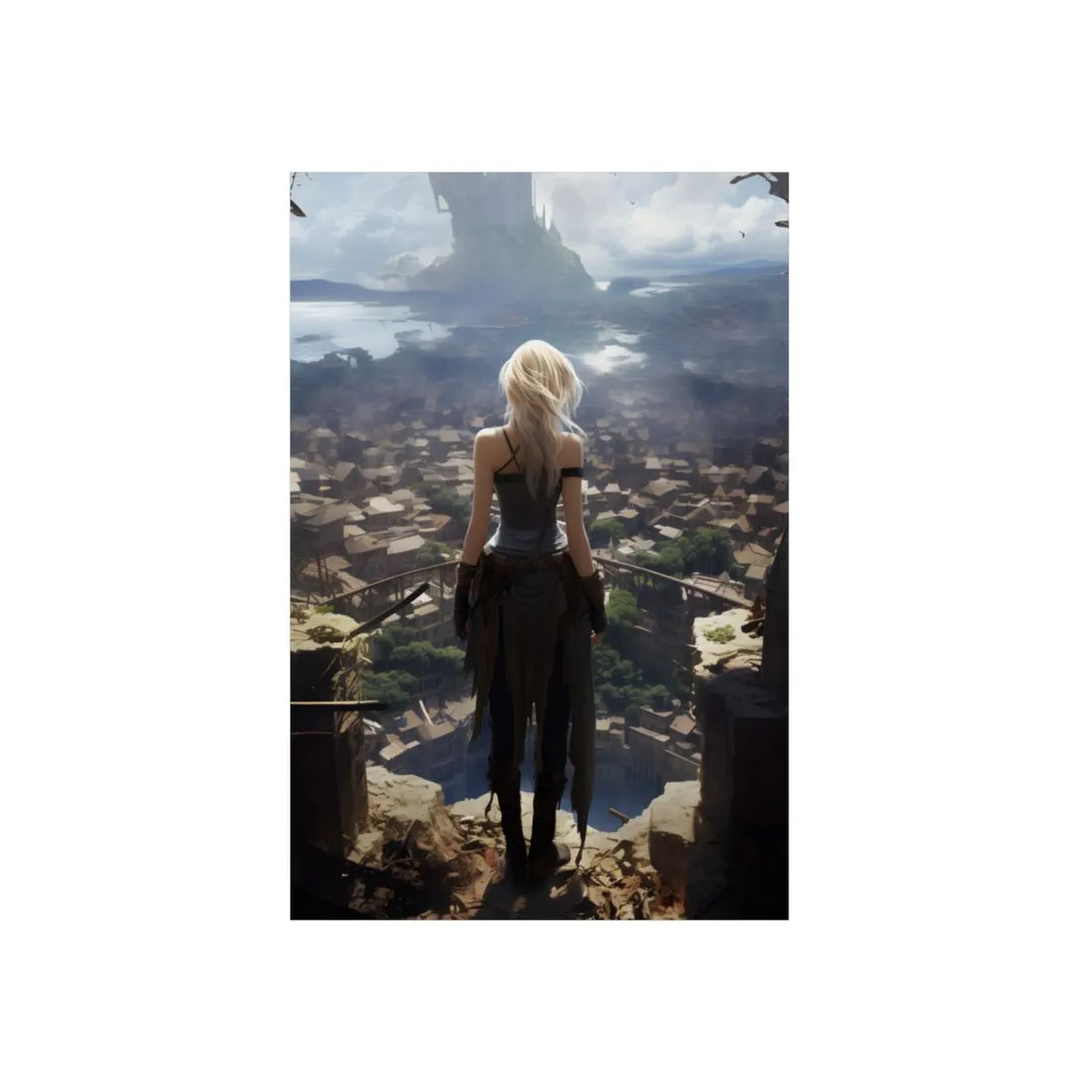 Anime Figure Overlooking a Hazy City from Above - Metal Poster