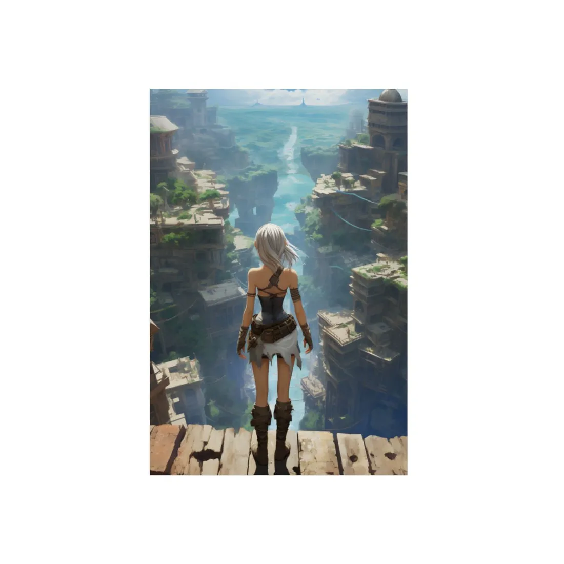 Anime Figure Overlooking a Terraced Ruins Canyon - Metal Poster