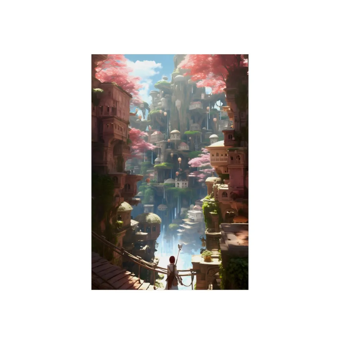 Anime Figure Walking Through Blossom-Covered Ruins - Metal Poster
