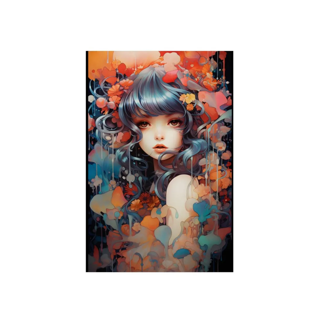 Anime Girl Among the Flowers: Fantasy Character Portrait - Metal Poster