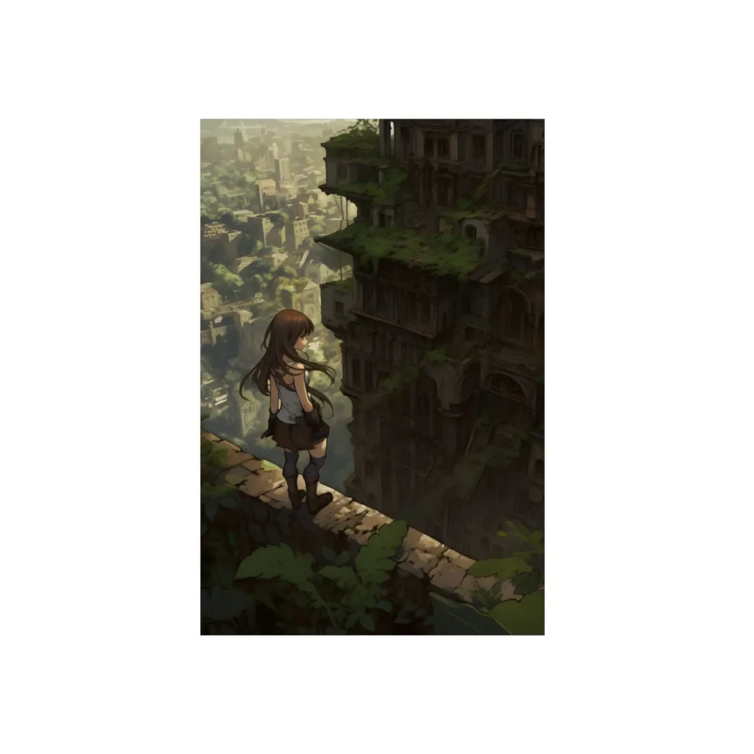 Anime Girl in Overgrown Ruins: Fantasy Adventure Art - Metal Poster