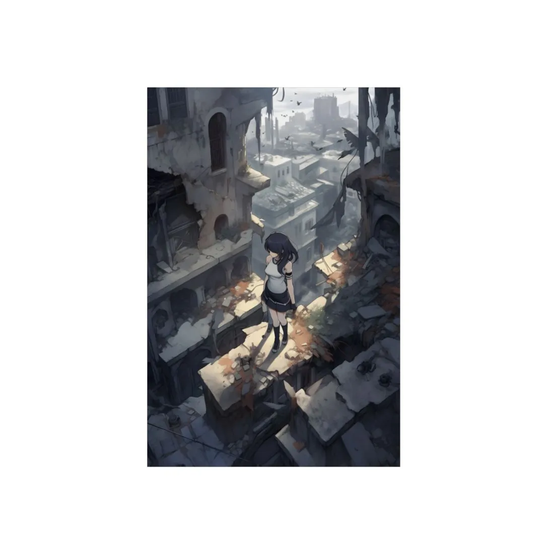 Anime Girl in Ruined City: Muted Fantasy - Metal Poster