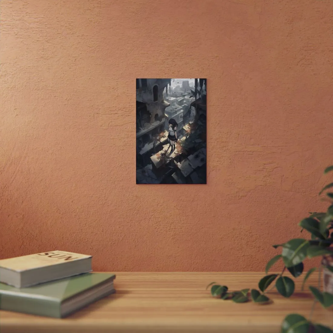 Anime Girl in Ruined City: Muted Fantasy - Metal Poster