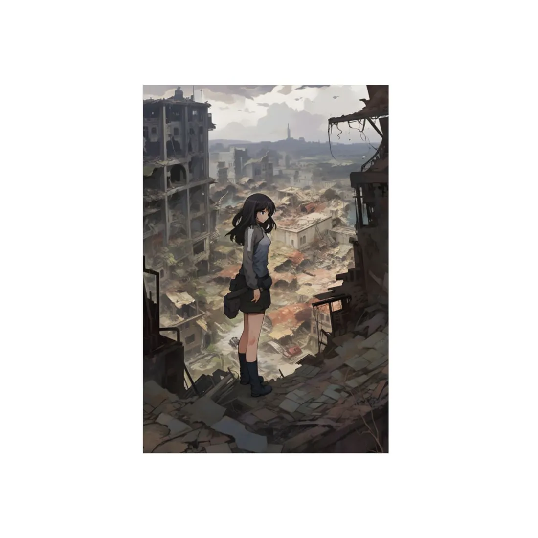 Anime Girl in Ruined City: Somber Muted Scene - Metal Poster