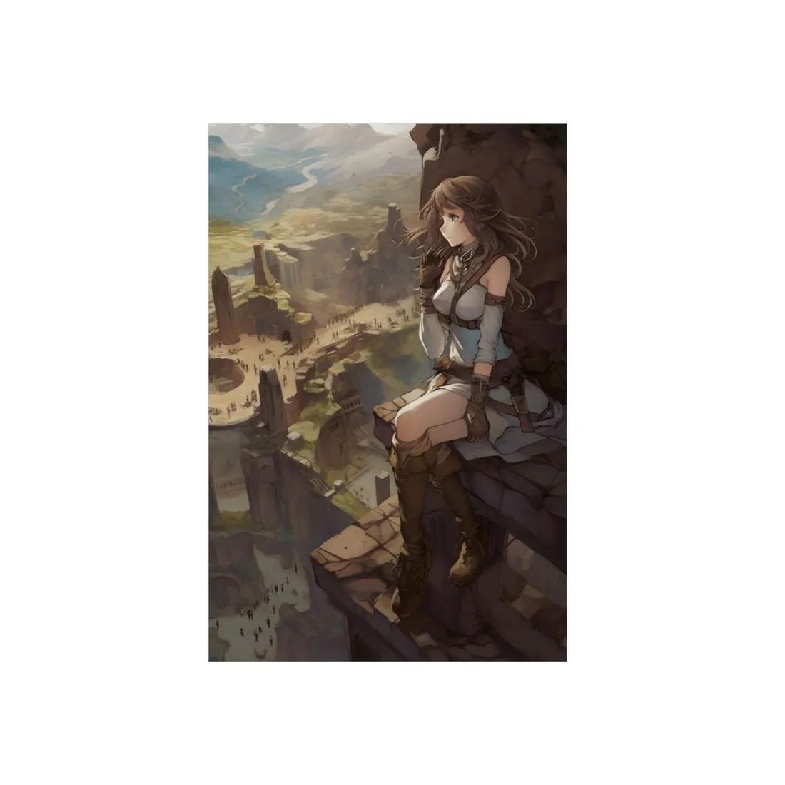 Anime Girl on Canyon Ledge: Warm-Toned Overlook Scene - Metal Poster