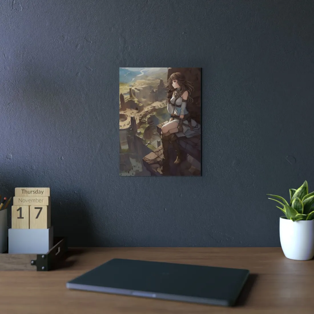 Anime Girl on Canyon Ledge: Warm-Toned Overlook Scene - Metal Poster