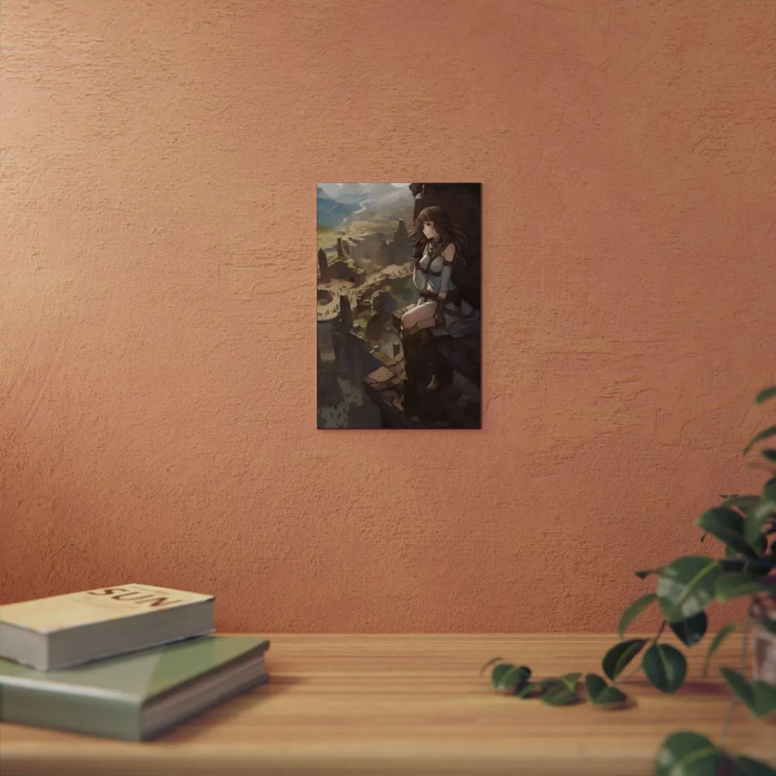 Anime Girl on Canyon Ledge: Warm-Toned Overlook Scene - Metal Poster