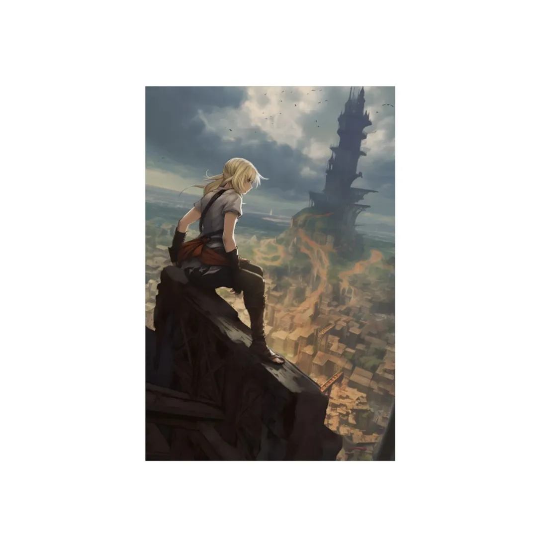Anime Girl on City Ledge: Dark Tower Vista Scene - Metal Poster