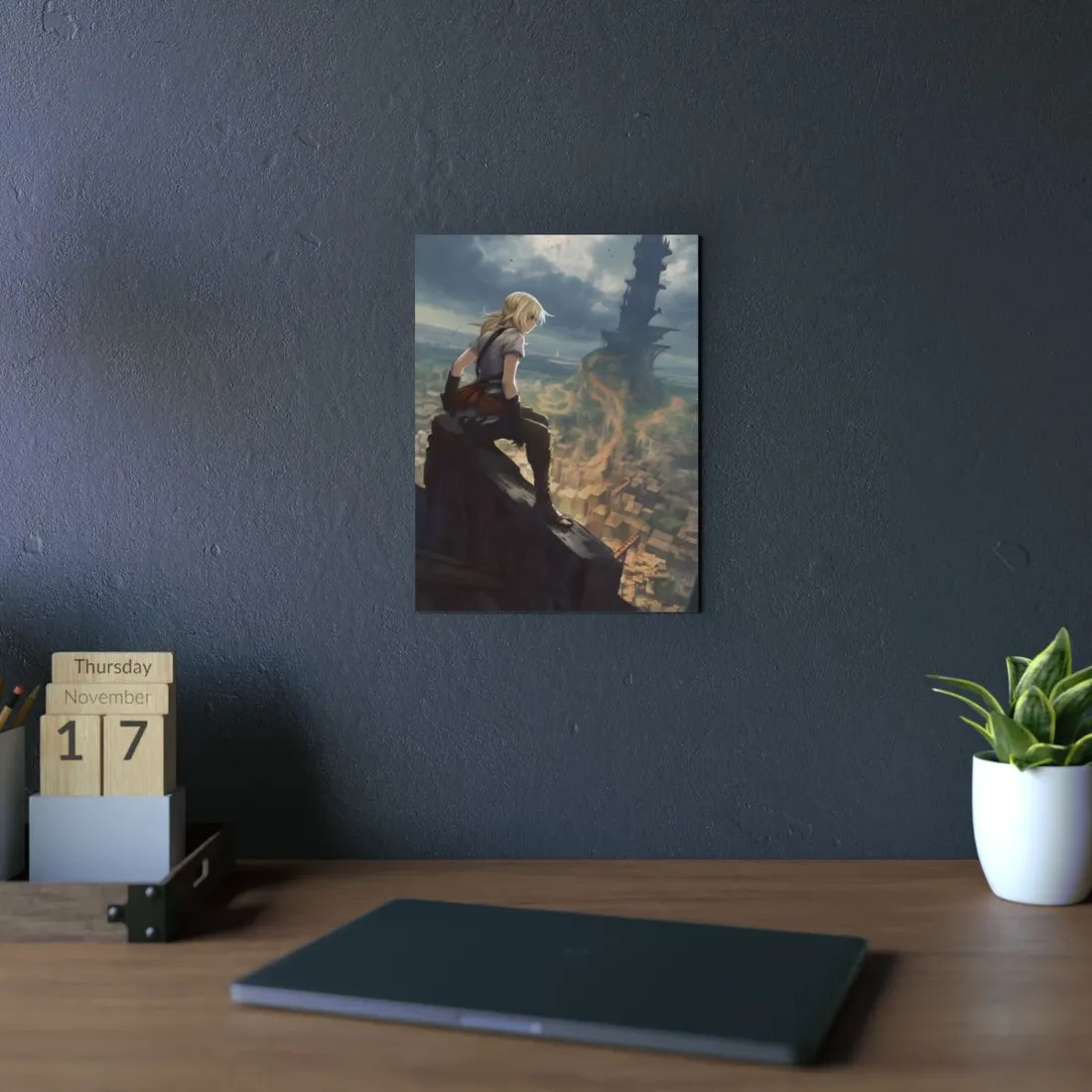Anime Girl on City Ledge: Dark Tower Vista Scene - Metal Poster