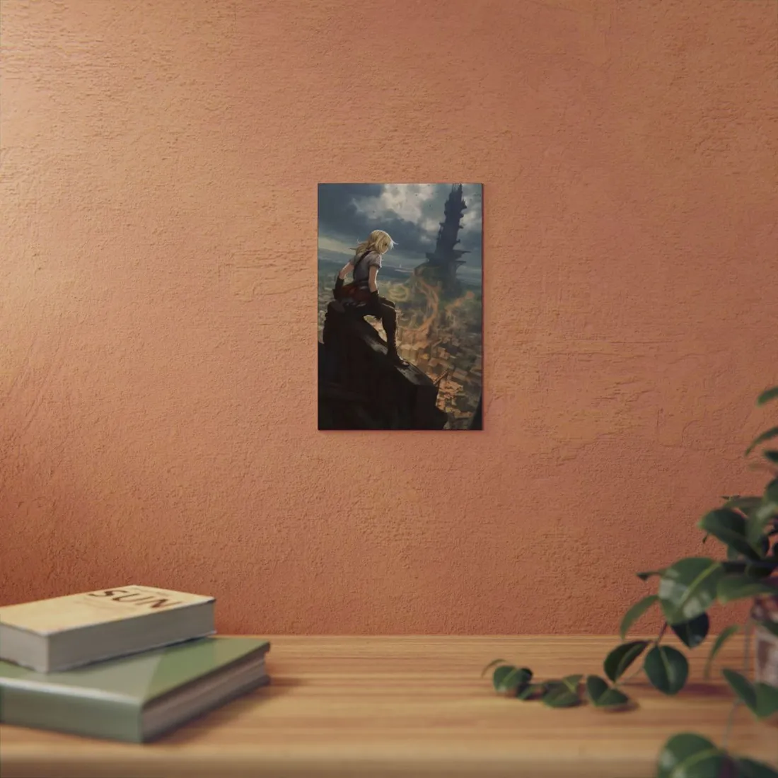 Anime Girl on City Ledge: Dark Tower Vista Scene - Metal Poster