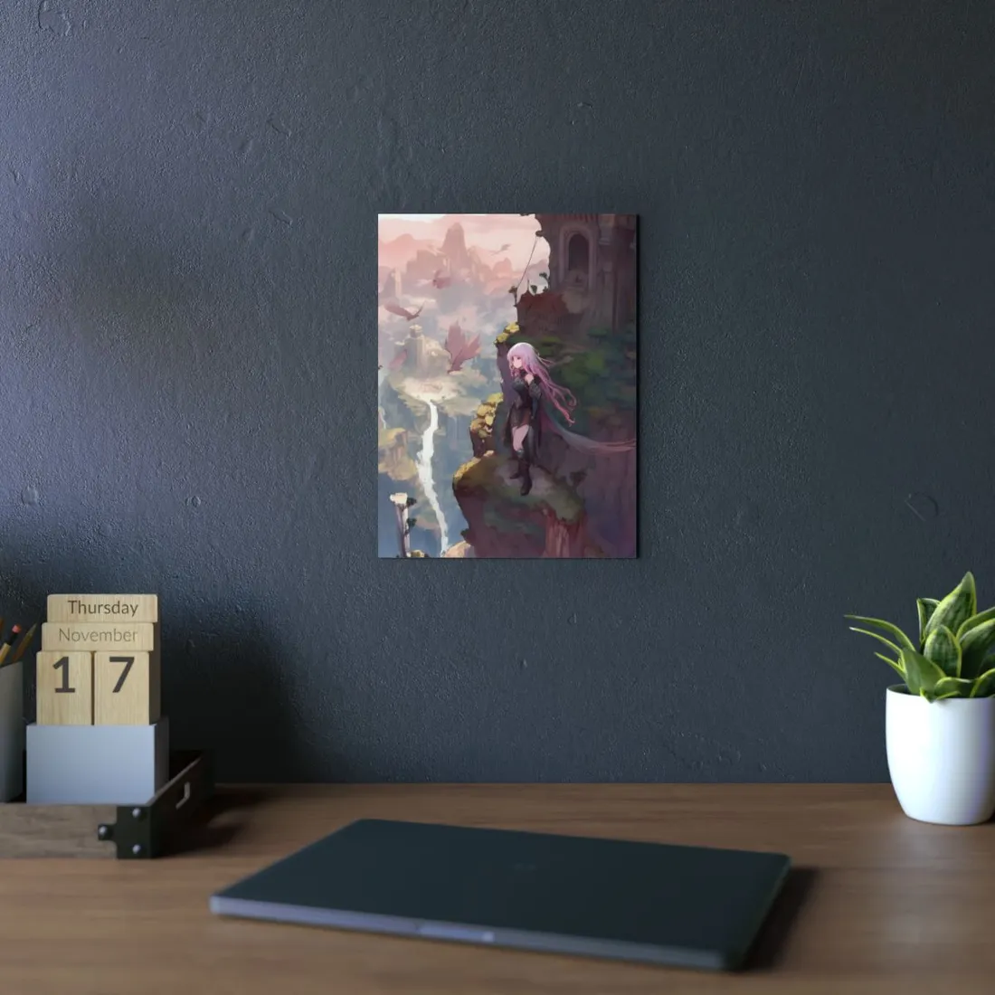 Anime Girl on Misty Cliff: Fantasy Ruins Landscape - Metal Poster