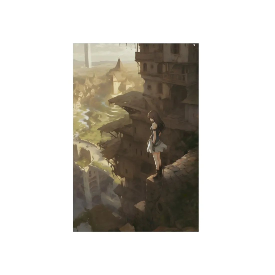 Anime Girl on Ruins Ledge: City Overlook Scene - Metal Poster
