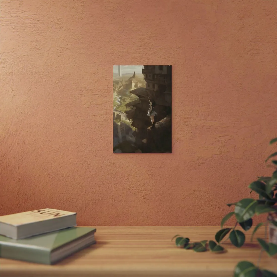 Anime Girl on Ruins Ledge: City Overlook Scene - Metal Poster