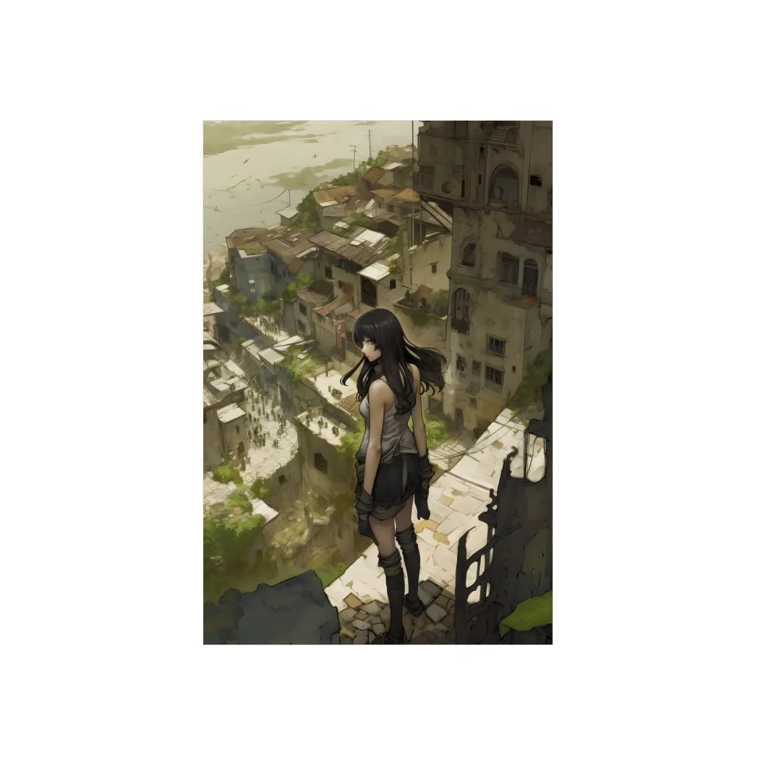 Anime Girl on Ruins Ledge: Mysterious Overlook Scene - Metal Poster