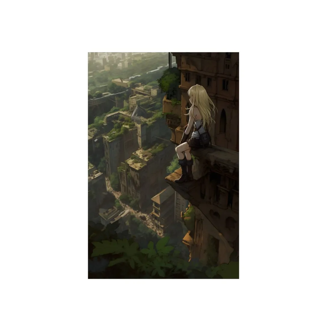 Anime Girl on Ruins Overlook: Cool-Toned Vista Scene - Metal Poster