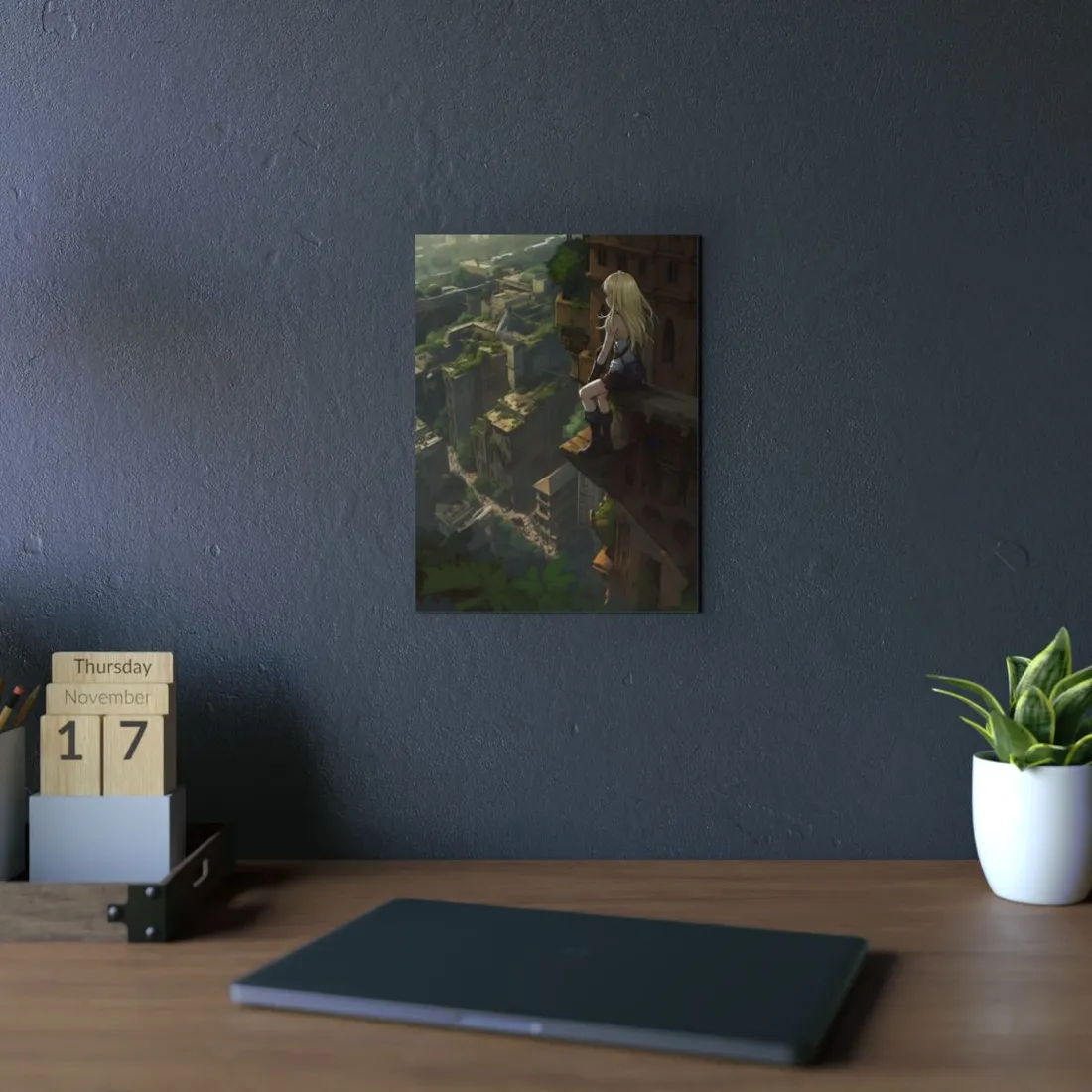 Anime Girl on Ruins Overlook: Cool-Toned Vista Scene - Metal Poster