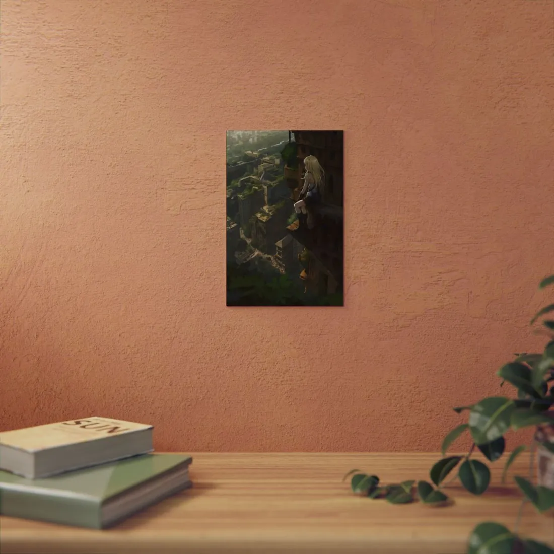 Anime Girl on Ruins Overlook: Cool-Toned Vista Scene - Metal Poster