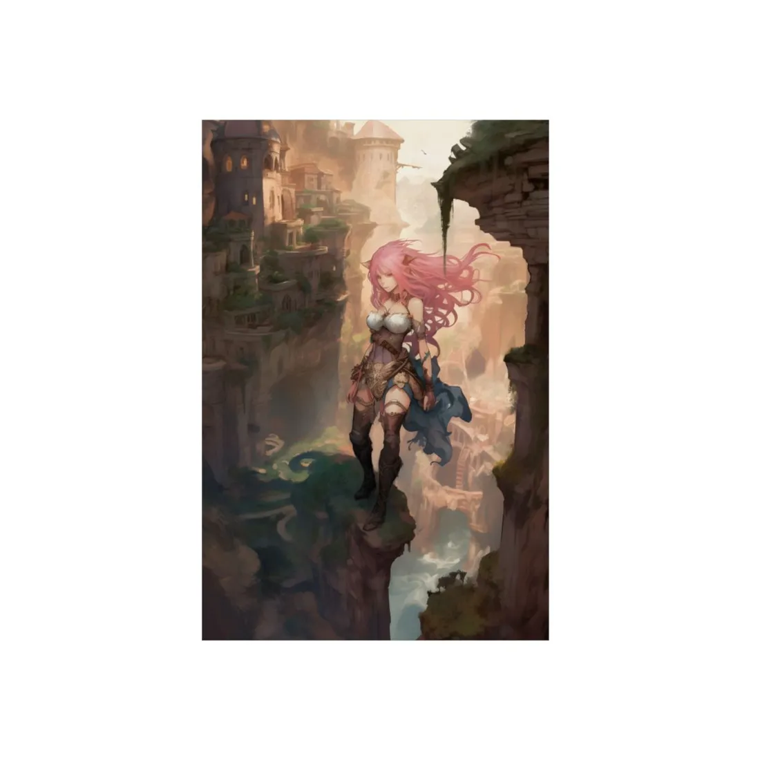 Anime Girl on Ruins Overlook: Pink-Haired Character Scene - Metal Poster